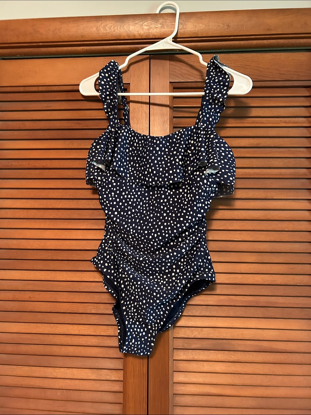 Kona Sol Navy Blue & White Polka Dot Ruffle One-Piece Swimsuit